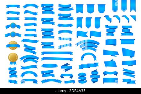 Banner a nastro blu. Nastri, ottimo design per qualsiasi scopo. Nastro reale. Elemento decorativo. Set di medaglie. Modello di promozione banner sconto. Sconto Illustrazione Vettoriale