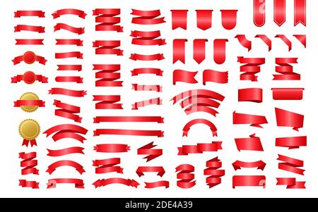 Banner a nastro rosso. Nastri, ottimo design per qualsiasi scopo. Nastro reale. Elemento decorativo. Set di medaglie. Modello di promozione banner sconto. Sconto Illustrazione Vettoriale