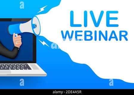 Webinar dal vivo, megafono senza schermo per notebook. Può essere utilizzato per il concetto di business. Illustrazione di stock vettoriale. Illustrazione Vettoriale