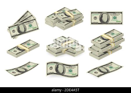 Varie fatture denaro dollaro carta cash banconote vector set. Denaro contante heap. Vettore illustrazione stock. Illustrazione Vettoriale