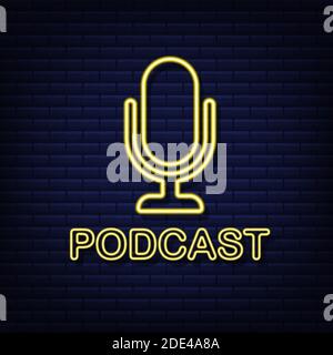 Podcast. Badge al neon, icona, timbro, logo. Illustrazione di stock vettoriale. Illustrazione Vettoriale