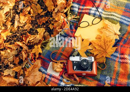 Plaid rosso e giallo a scacchi con frange e foglie d'autunno, un libro, occhiali, e una macchina fotografica. Concetto di ricreazione all'aperto in autunno Foto Stock