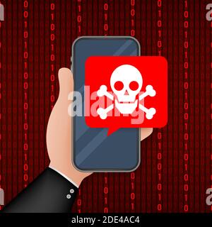 Attacco. Smartphone con bolla vocale e cranio e crossone sullo schermo. Minacce, malware mobile, messaggi di spam. Illustrazione di stock vettoriale. Illustrazione Vettoriale