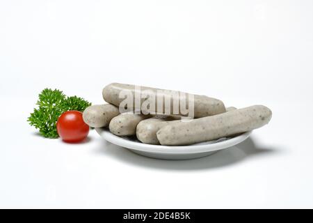 Nuremberger Rostbratwurst su un piatto, grezzo, Germania Foto Stock