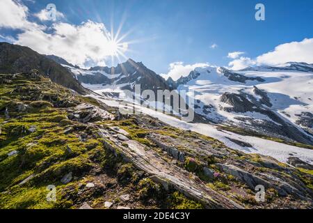 Montagne innevate, paesaggi alpini, Berliner Hoehenweg, cima Grosser Moesler, Alpi Zillertaler, Zillertal, Tirolo, Austria Foto Stock
