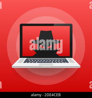 Spyware, tecnologia Internet. Simbolo di stop, icona Web. Simbolo di pericolo. Concetto di hacking del computer. Illustrazione vettoriale Illustrazione Vettoriale
