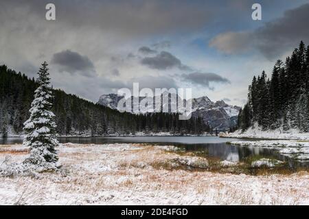 Lago di Misurina, umore mattutino con la prima neve, Dolomiti, Italia Foto Stock