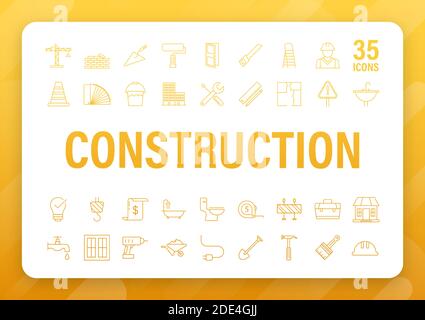 Set di icone Web outline. Costruzione e attrezzi domestici di riparazione, costruzione. Sicurezza sul lavoro. Illustrazione di stock vettoriale. Illustrazione Vettoriale