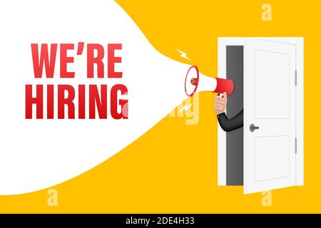 Stiamo assumendo. Banner megafono. Concetto di lavoro di squadra. Illustrazione di stock vettoriale. Illustrazione Vettoriale