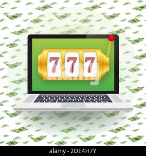 Banner retrò per il design di sfondo del gioco. Banner del vincitore. Slot machine con jackpot fortunato di sette. Illustrazione di stock vettoriale. Illustrazione Vettoriale