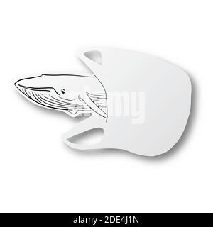 Illustrazione vettoriale linea nera mano disegnata di balena su sacchetto di plastica forma carta tagliata con ombra isolata su sfondo bianco. Carta art. Concetto Eco. Illustrazione Vettoriale
