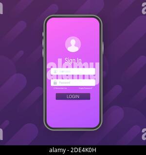Pulire UI di mobili di design. Applicazione di login con la password nella finestra di forma. Vettore illustrazione stock. Illustrazione Vettoriale