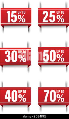 Collezione vettoriale grande di icone di banner a nastro rosso, segnalibri di vendita fino a 50, 15, 25, 30, 40, 70% di sconto. Illustrazione Vettoriale