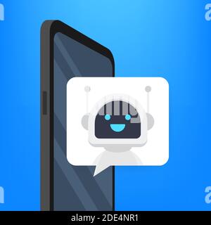 Chat Bot utilizzo su smartphone, Robot Assistenza virtuale di siti web o applicazioni mobili. Bot del servizio di supporto vocale. Bot di supporto online. Illustrazione Vettoriale