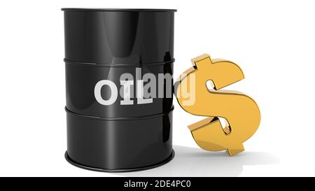 Barili di petrolio greggio nero con simbolo del dollaro dorato, rendering 3d Foto Stock