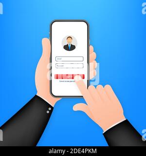 Accedi a account, autorizzazione utente, informazioni sulla pagina di autenticazione dell'accesso. Smartphone con pagina del modulo di login e password sullo schermo. Stock vettoriale Illustrazione Vettoriale