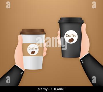 Tazza da caffè monouso in mano. Illustrazione di stock vettoriale. Illustrazione Vettoriale