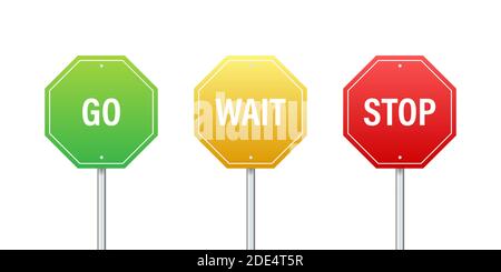Vai, aspetta, e stop segnali stradali. Set di colori. Illustrazione di stock vettoriale. Illustrazione Vettoriale
