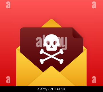 Virus e-mail rosso. Schermo del computer. Virus, pirateria, hacking e sicurezza, protezione. Illustrazione di stock vettoriale. Illustrazione Vettoriale