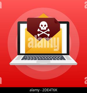 Virus e-mail rosso. Schermo del computer. Virus, pirateria, hacking e sicurezza, protezione. Illustrazione di stock vettoriale. Illustrazione Vettoriale