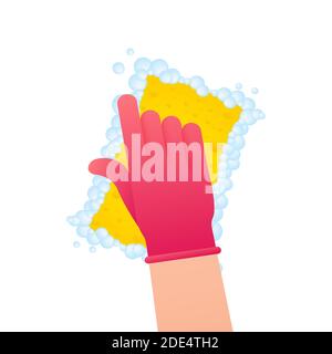 Lavastoviglie, piatti di lavaggio. Liquido per lavastoviglie, piatti e spugna gialla. Illustrazione di stock vettoriale Illustrazione Vettoriale