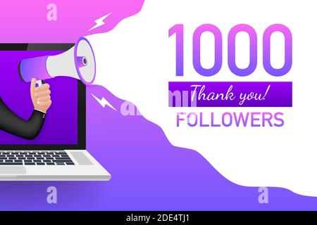 1000 follower grazie scheda con notebook modello per post sui social media. BANNER vivido PER I terminali radio 1K. Illustrazione vettoriale. Illustrazione Vettoriale