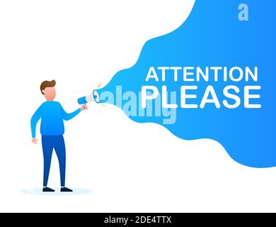 Maschio di mano azienda megafono con attenzione si prega di discorso bolla. Altoparlante. Banner per business e marketing. Vettore illustrazione stock. Illustrazione Vettoriale