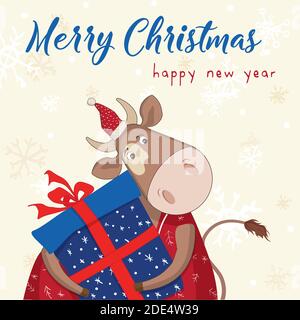 Carino vettore toro con Natale gift.New Year's e biglietti di auguri di Natale. Banner, poster, adesivi, stampe e home interior decor.Templates per la Th Illustrazione Vettoriale