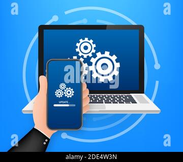 Aggiornamento del software di sistema, aggiornamento dei dati o sincronizzazione con la barra di avanzamento sullo schermo. Illustrazione vettoriale Illustrazione Vettoriale