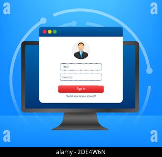 Pagina di accesso sullo schermo del computer portatile. Notebook e modulo di accesso online, pagina di accesso. Profilo utente, accesso ai concetti dell'account. Illustrazione vettoriale. Illustrazione Vettoriale