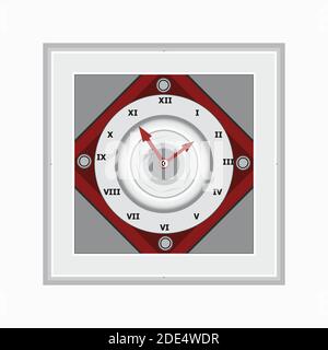 Immagine di forma quadrata, numero romano, orologio da parete, grafica vettoriale in rosso e bianco. Illustrazione Vettoriale