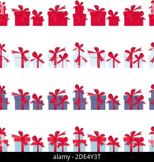 Regali di natale di scatole. Lungo orizzontale seamless pattern con handdrawn scritte Buon Natale. I regali di Natale in papercut stile. Doni blu Illustrazione Vettoriale