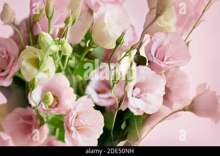 Bel bouquet di fiori bianchi e rosa di Eustoma, primo piano Lisianthus, tulipano genziana, eustomas. Isola banner Foto Stock