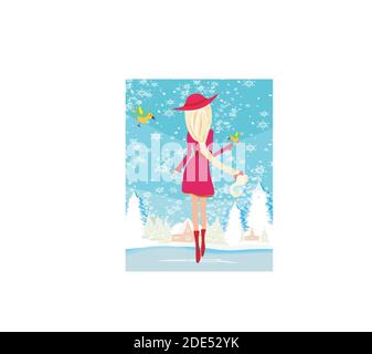 Ragazza nutre gli uccelli in inverno Illustrazione Vettoriale