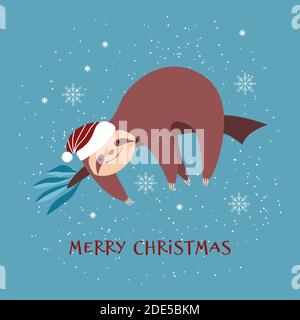 Carta di Natale con simpatico cartoon sloth in cappello di Santa. Illustrazione vettoriale. Illustrazione Vettoriale