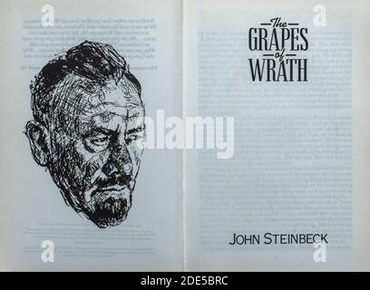 Libro The Grapes of Wrath - romanzo di John Steinbeck. Pagina del titolo e disegno dell'autore. Foto Stock