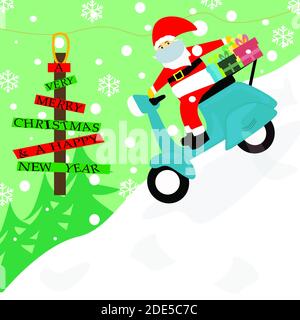 Allegro Chirstmas e felice anno nuovo, Babbo Natale con maschera medica equitazione moto a motore caricato con regali, fondo nevoso, biglietto di auguri. Foto Stock