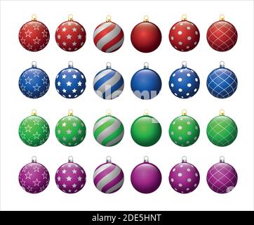 Set Palline di Natale Collezione di Vacanze invernali. Palle di Capodanno con fiocchi di neve, cerchi e modelli astratti. Natale e Capodanno Illustrazione Vettoriale