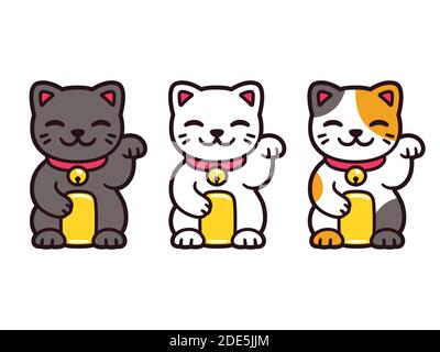 Carino cartone animato Maneki Neko, gatti fortunati giapponesi. Kitty Feng Shui nero, bianco e calico. Insieme di illustrazioni vettoriali isolate. Illustrazione Vettoriale