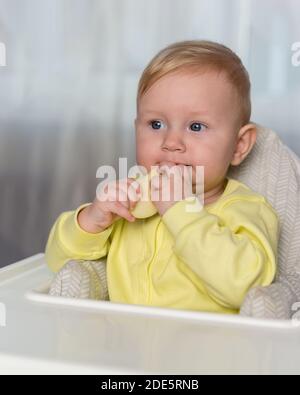 Una bambina mangia una fetta di mela. Mobili per la casa, seggiolone Foto Stock