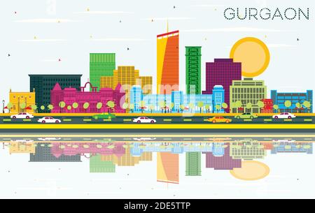 Gurgaon India City Skyline con edifici a colori, Blue Sky e riflessi. Illustrazione vettoriale. Concetto di viaggio d'affari e turismo. Illustrazione Vettoriale