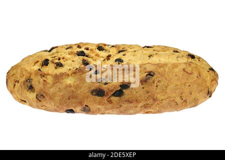 Stollen di Natale sassone tradizionale appena sfornato ancora senza zucchero in polvere finitura isolata su sfondo bianco Foto Stock