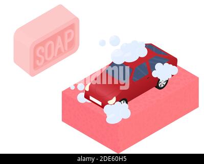 Servizio di autolavaggio isometrico con spugna e sapone isolato illustrazione vettoriale. Concetto di lavaggio automatico Illustrazione Vettoriale