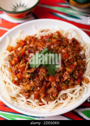 Il piatto orientale guiru lagman è noodle fatte in casa fritte con carne, verdure ed erbe. Cucina orientale Foto Stock