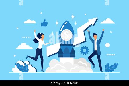 Avvio aziendale, lavoro di squadra di successo sul lancio del concetto di razzo illustrazione vettoriale. Cartoon business People team lancio nave spaziale, iniziando una nuova idea di successo per aumentare profitti ricchezza background Illustrazione Vettoriale