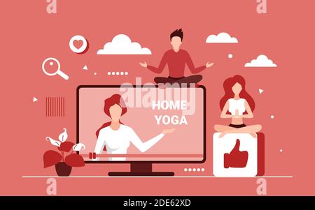 Home yoga online corso illustrazione vettoriale. Cartoon yoga virtuale formazione sportiva su schermo del computer con allenatore donna, lezioni di esercizi per la casa senza attrezzature bodyweight workout concetto sfondo Illustrazione Vettoriale