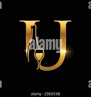 Un cartello con il logo U con il carattere di una bottiglia di vino dorato vettoriale Illustrazione Vettoriale