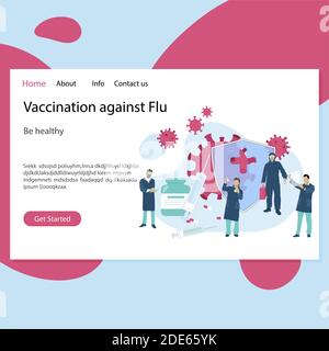 Landing page vaccinazioni contro l'influenza e il virus. Progettazione di immunizzazione web platfom e prevenzione di virus corona, vettore vaccinato e concetto di cura. Illust Illustrazione Vettoriale