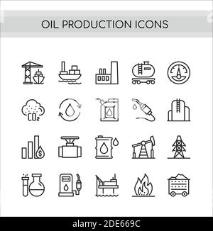 Set di illustrazioni vettoriali per la produzione di olio, stazione della pompa di perforazione per giacimenti petroliferi, trasporto di navi cisterna o camion, simboli degli impianti di raffineria Illustrazione Vettoriale