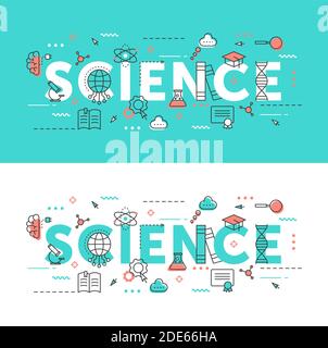 Set di illustrazioni vettoriali a linea sottile per parola scientifica, raccolta di disegni di siti web per infografica piatta con simboli didattici per la ricerca scientifica Illustrazione Vettoriale